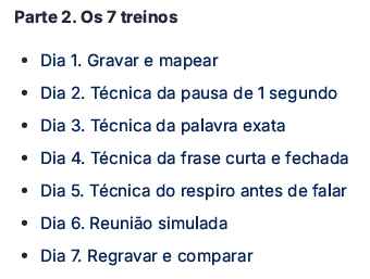 Sumário da Parte 2 do guia: os 7 treinos, do dia 1 ao dia 7